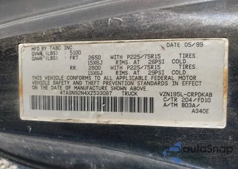 1999 Toyota Tacoma Prerunner V6 from USA, damaged, VIN 4TASN92N4XZ533087